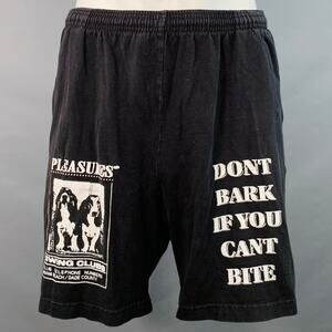 PLEASURES Size XL Black White Print Cotton Drawstring Shorts